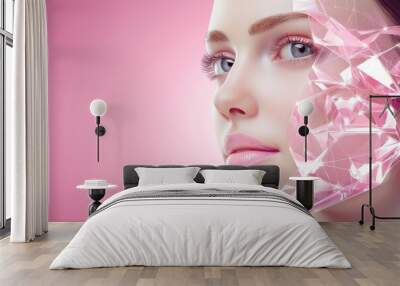 A futuristic abstract tech geometric portrait of a woman set against a pink background Wall mural