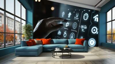 A futuristic virtual screen HUD hovers above a digital tablet computer with assistant technology. Using the smart home dashboard, you can control smart devices and set up automation. Wall mural