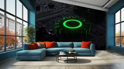 A green configuration technology concept with a cog symbol as a neon light. The graphic has vivid colors on a black background with a high-tech floor. Wall mural