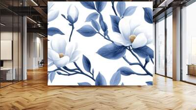 A seamless floral pattern with blue leaves painted in abstract watercolor Wall mural