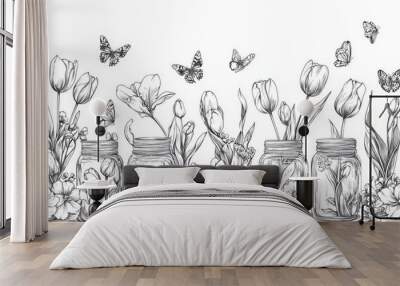 A stress-relieving coloring activity for kids and adults. Butterflies surround tulips in water bottles. Wall mural