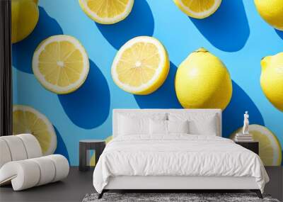 A sunny summer pattern made with yellow lemon slices against a bright light blue background. Wall mural