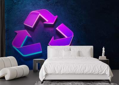 A vibrant blue and pink neon recycling icon isolated on a black background. Wall mural