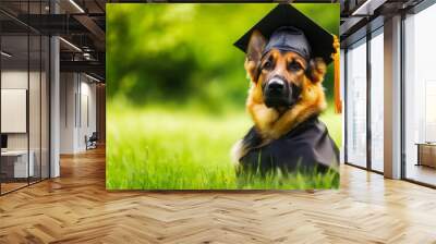 An adult German Shepherd wearing a graduation cap poses in a garden. Wall mural