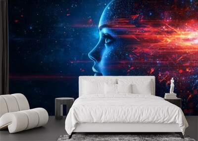 An AI concept for cyberspace with a holographic interface, a transformative tech revolution, birdseye view Wall mural