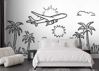 An airplane flying over the beach sea and palm trees in a tropical summer landscape. Illustration for a modern travel holiday. Wall mural