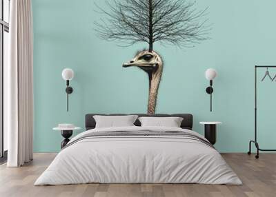 An ostrich with its body like a tree with leaves on a green background. Concept of interacting with nature. Negative space. Contemporary design. Wall mural