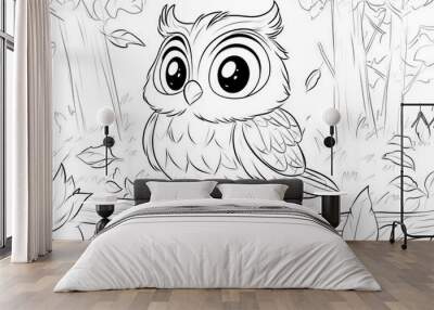 An owl in a forest scene. Great for children's coloring books. Detailed black and white drawings. Wall mural