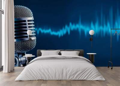 Banner of a microphone on a blue background, broadcasting or podcasting Wall mural