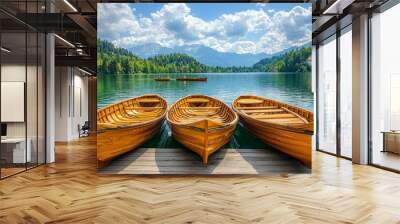 Boats moored on lake Bled (Blejsko jezero) in the Julian Alps of Slovenia Wall mural