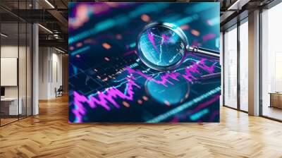 Business audit stock financial finance management with magnifying glass on table, close up view of statistic graphs Wall mural