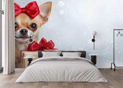 Close-up banner of a hide dog pet celebrating Christmas wrapped with a red ribbon on a white or gray background. Wall mural