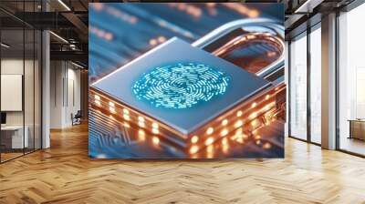 Computer motherboard close-up with safety lock, login and credentials verified wide banner design as a security connection application - Stock photo Wall mural