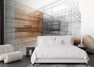 Concept drawing by an architect for a design interior while the room continues to be drawn, showing a modern white and wooden bedroom with a double bed, and a bathroom with a bathtub. Wall mural