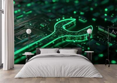 Conceptual 3D rendering of green configuration technology with tool symbol as neon light. Vibrant colored icon on black background with high tech floor. Wall mural