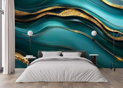 Dark green waves and gold foamy waves on an abstract ocean background or texture in acrylic fluid art. Wall mural