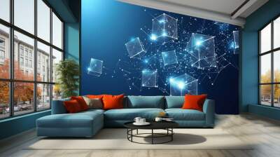 Future blue digital geometric technology cube background banner illustration 3D glowing blue shape texture Wall mural