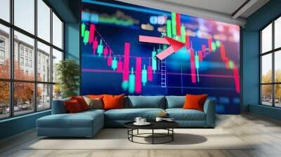 Graph chart of stock market investment trading on blue background. Bullish point, uptrend. Economy modern design. Wall mural