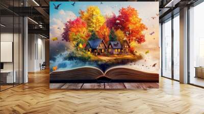 Illustration of magic book with fantasy stories within. Fantasy and literature concept. Happy World Book Day text space. This is the background for World Book Day. Wall mural