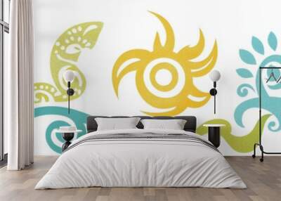 In retro yellow colors, groovy retro abstract sunset with waves in the background. Doodle shapes in a naive hippie 60s 70s style. Wall mural