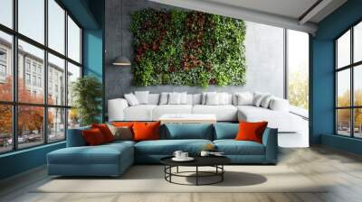 Interior design with biophilic elements in an eco-friendly home. Modern living room biophilic design with vertical garden wall. Wall mural