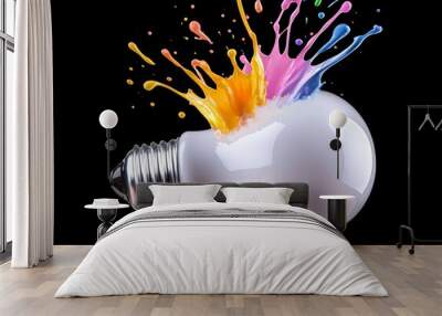 Light bulb explodes with colorful paint on black background. Innovative idea concept. Wall mural