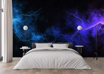 Lightning bolts and vertical flashes of lightning on black background. Realistic 3D illustration set of a storm energy effect. Wall mural