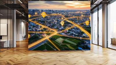 Location markers and connected lines highlight land plots in this aerial view of property mapping. Wall mural