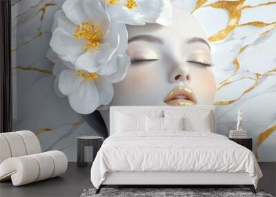 Mural on marble with a beautiful woman's face with a flower on her head. Wall mural