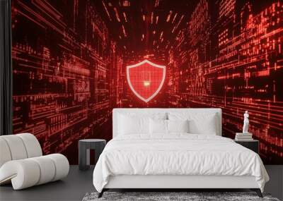 Network Tech Wallpaper with shield symbol against futuristic orange background. Security Technology Concept. Wall mural