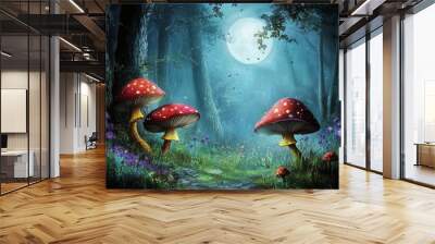 Nighttime glade in a magical forest. Colorful cartoon illustration. Designed for your design. Wall mural