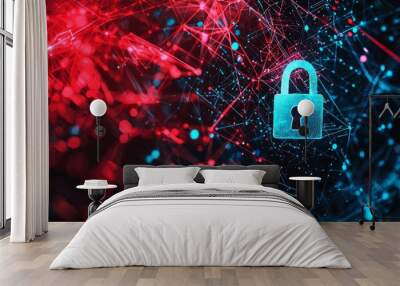 Red futuristic interface with digital security padlock Wall mural