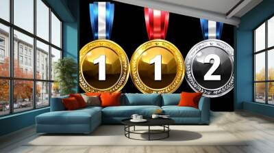 Ribboned medals for gold, silver and bronze place winners. Prize for champion. Black background. Wall mural