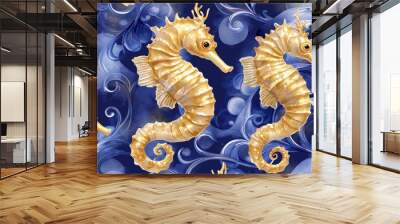 Seahorses in gold on a blue background, seamless pattern Wall mural