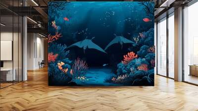 Stock illustration of underwater sea life scenery in watercolor. Wall mural