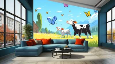 Summer mountain meadow with cows grazing on green grass, butterflies flitting through the sky, alpine village houses, and barn. Wall mural