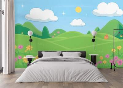 The background of the illustration is dominated by a green landscape with flowers in fields and a blue sky in the distance Wall mural