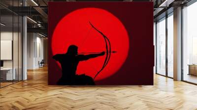 The background of this photograph is a sunset with an ancient wooden bow and arrow Wall mural