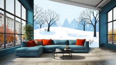 The idyllic landscape of the white Christmas trees in the forest covered with snow, snowdrifts and snowfall against the blue sky on a sunny day in nature, shades of blue. Wall mural