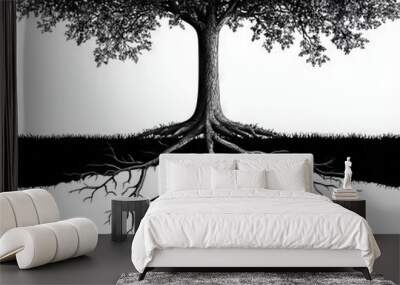 The roots, leaves, and branches of a tree are laid out in this modern drawing. Wall mural