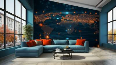 The world map concept represents global business connections, international data transfers, and cyber technologies. Wall mural