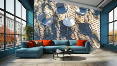 The yard and garden have 3 white and gray sofas and 2 metal tables Wall mural