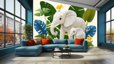 This seamless pattern features African elephants and plants in a cartoonish style. Wall mural