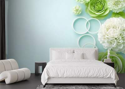 Wallpaper for walls with green flowers and white and green circles. Wall mural