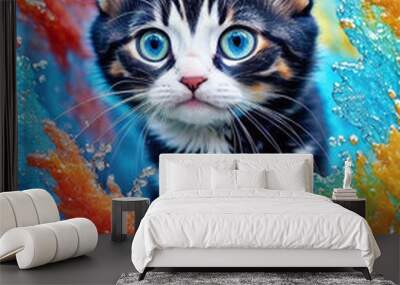 Un Tierno Gatito Rodeado de Agua de Colores, IA Generativa Wall mural