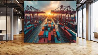 A Bird's Eye View of a Bustling Container Port at Sunset Wall mural