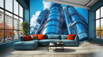 Industrial Complex with Shiny Metallic Structures Against a Blue Sky Wall mural