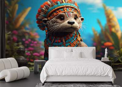 a picture of otter with a hat aztec custome Wall mural