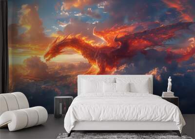 Colorful painting flying dragon in the sky background Wall mural