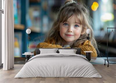 Happy little girl reading a book and smile in classroom Wall mural